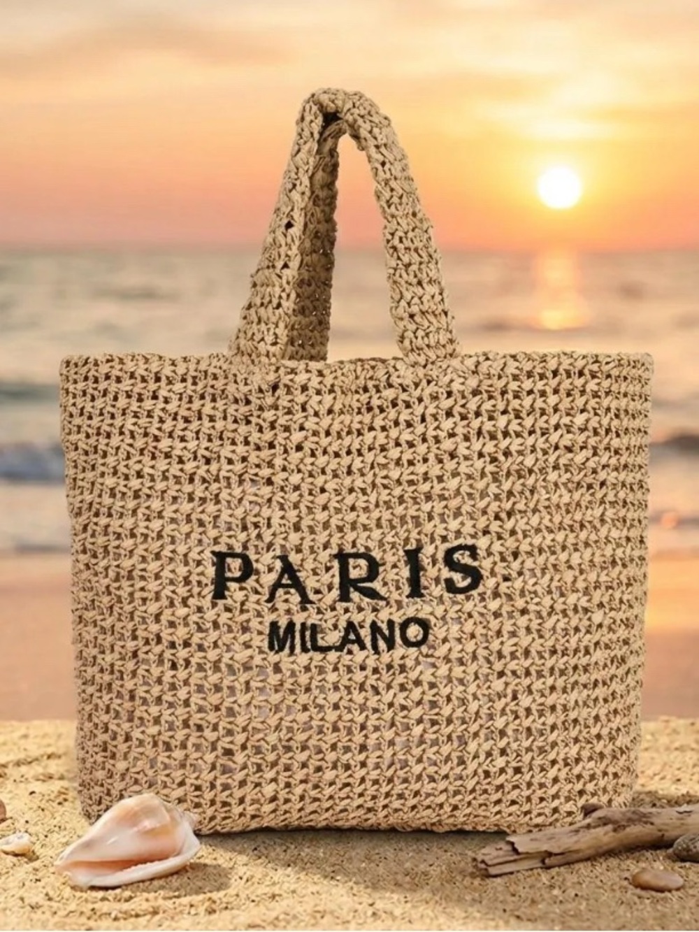 Natural Straw Tote Bag - Beige
